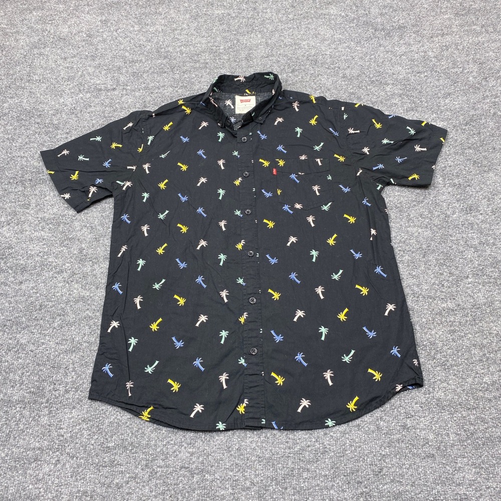 Levi's Shirt Mens Medium Black Palm Tree Print Short Sleeve Button Down Casual